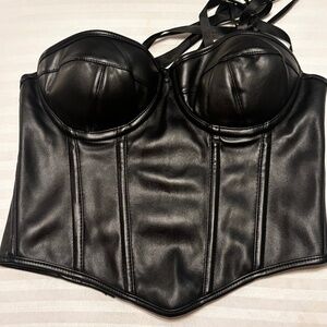 Women’s Black Corset Top Faux Leather Sz XSMALL Lace Up Back